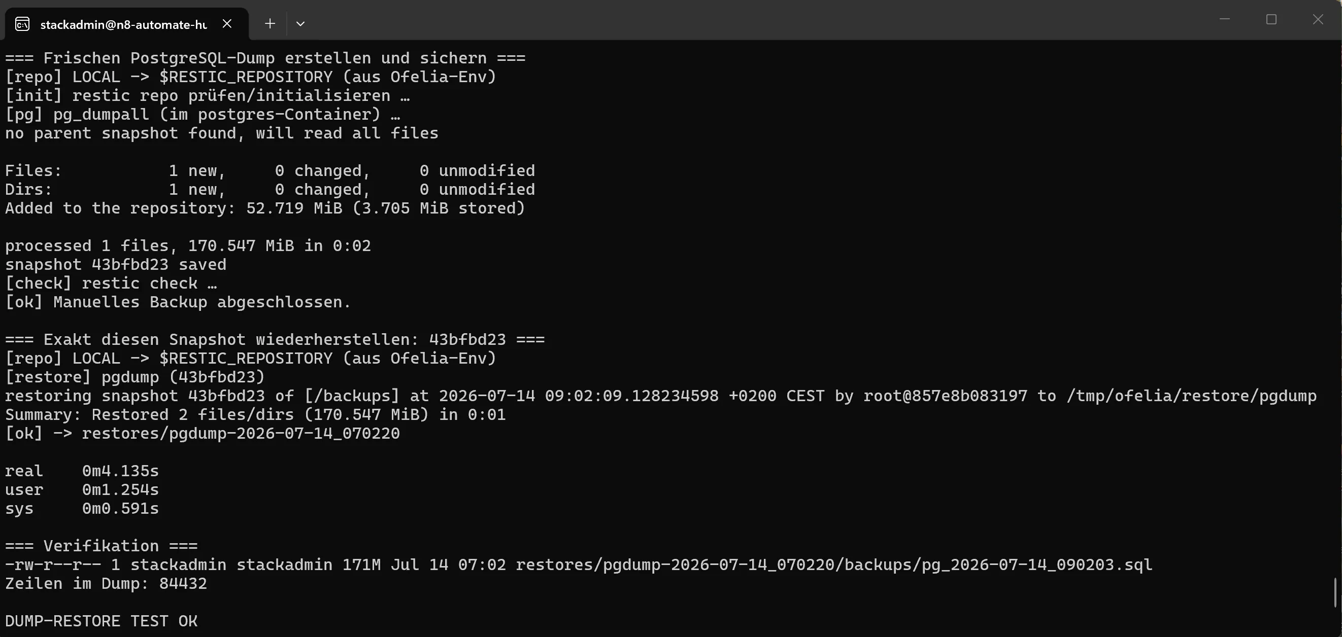 Terminal-Ausgabe eines Restore-Tests: Dump erstellt, Snapshot gesichert, derselbe Snapshot wiederhergestellt, Verifikation der Zeilenzahl, Ergebnis DUMP-RESTORE TEST OK